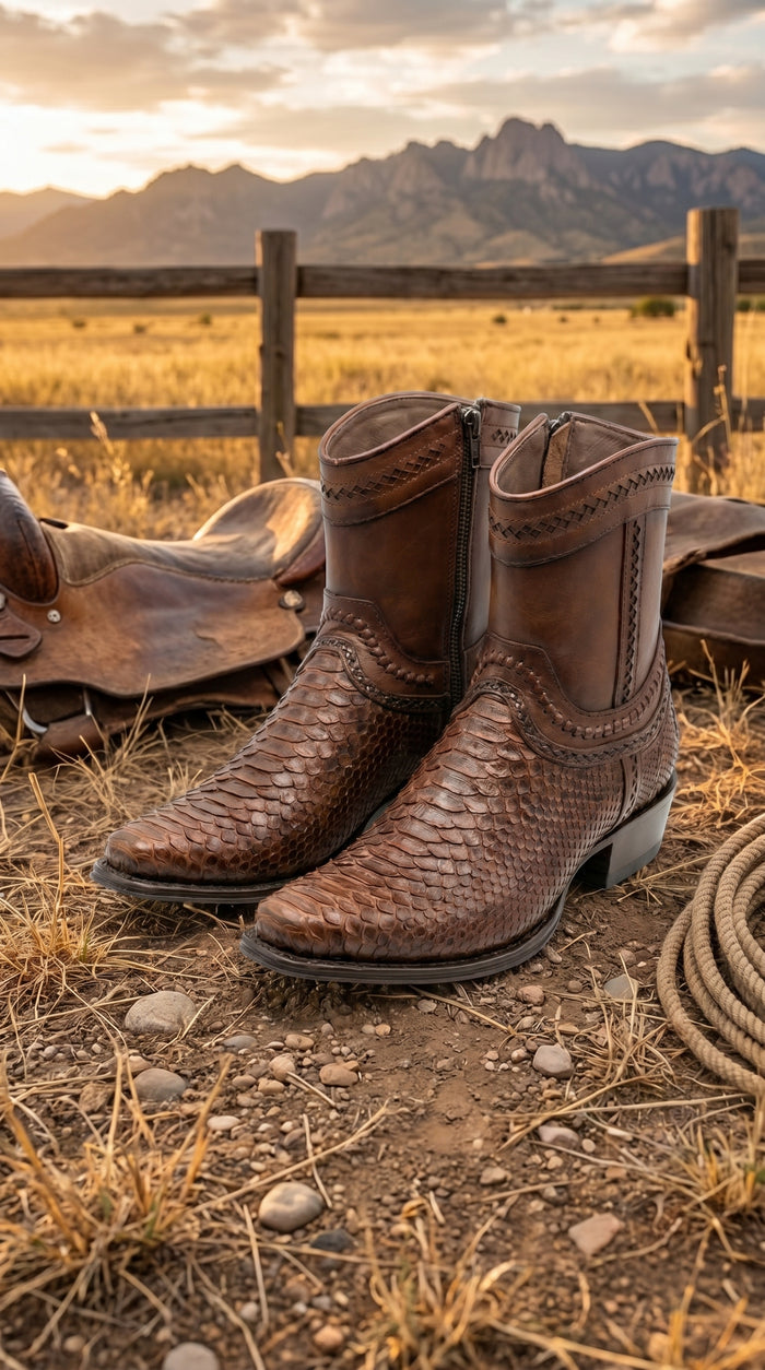 Men’s Los Altos Porto Brown Python Skin Short Boots with European Toe, Exotic Western Dress Boots