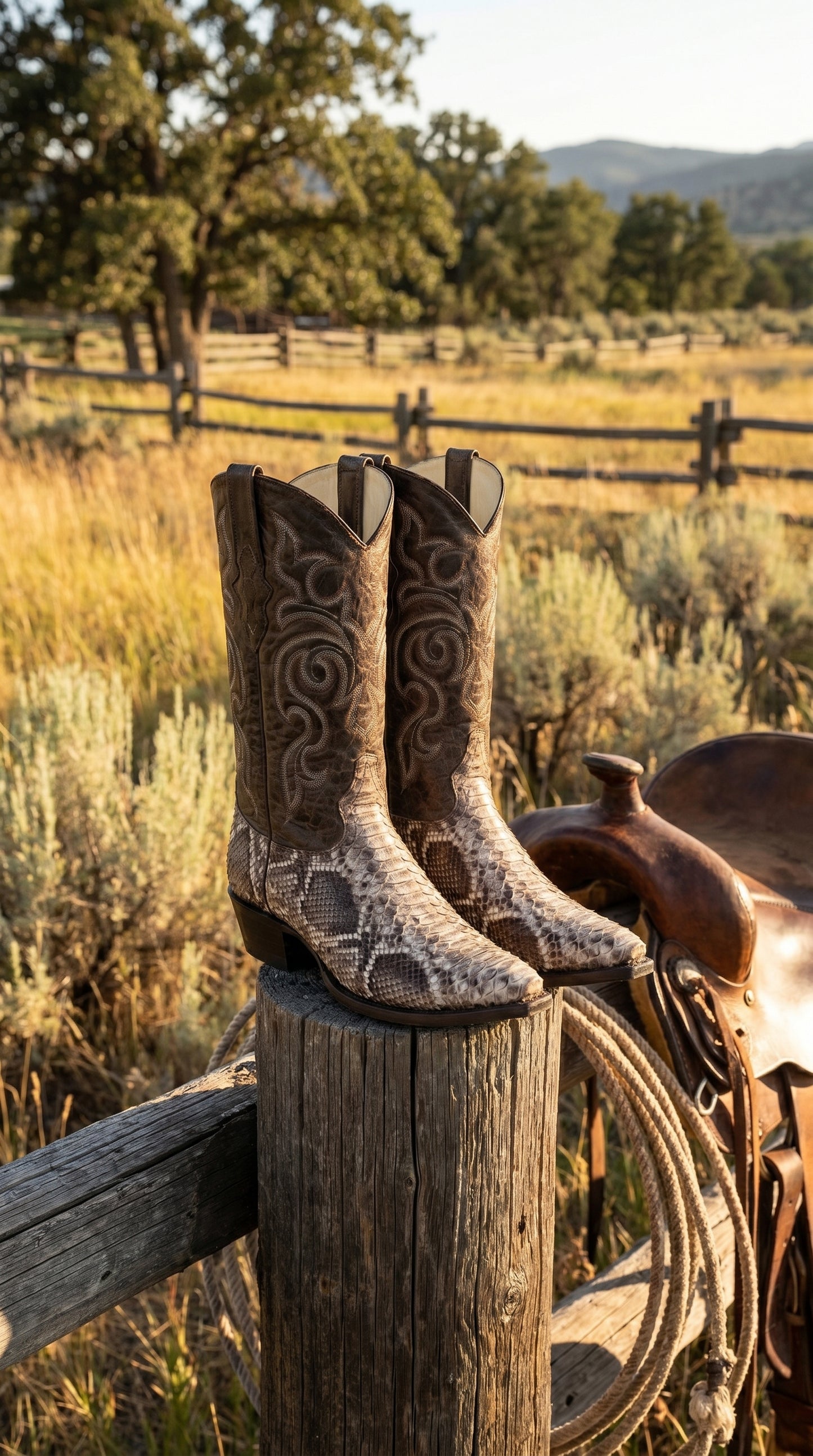 Men’s Los Altos Brown Rustic Python Snip Toe Cowboy Boots, Western Dress Boots