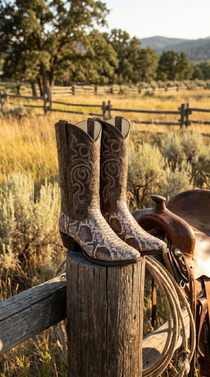 Men’s Los Altos Brown Rustic Python Snip Toe Cowboy Boots, Western Dress Boots