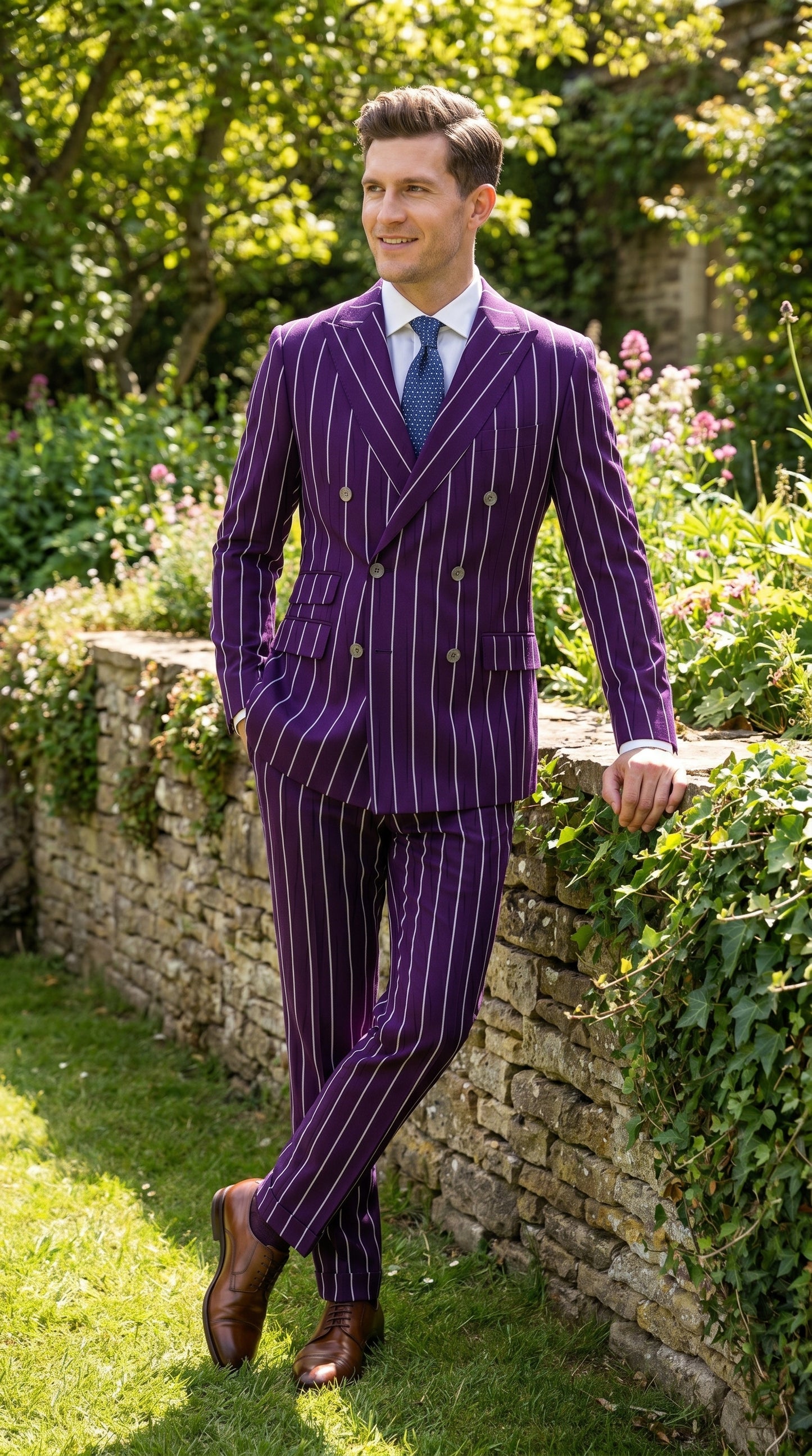 Men’s Dark Purple Pinstripe Double Breasted 1920s Gangster Suit, Vintage Formal Dress Suit