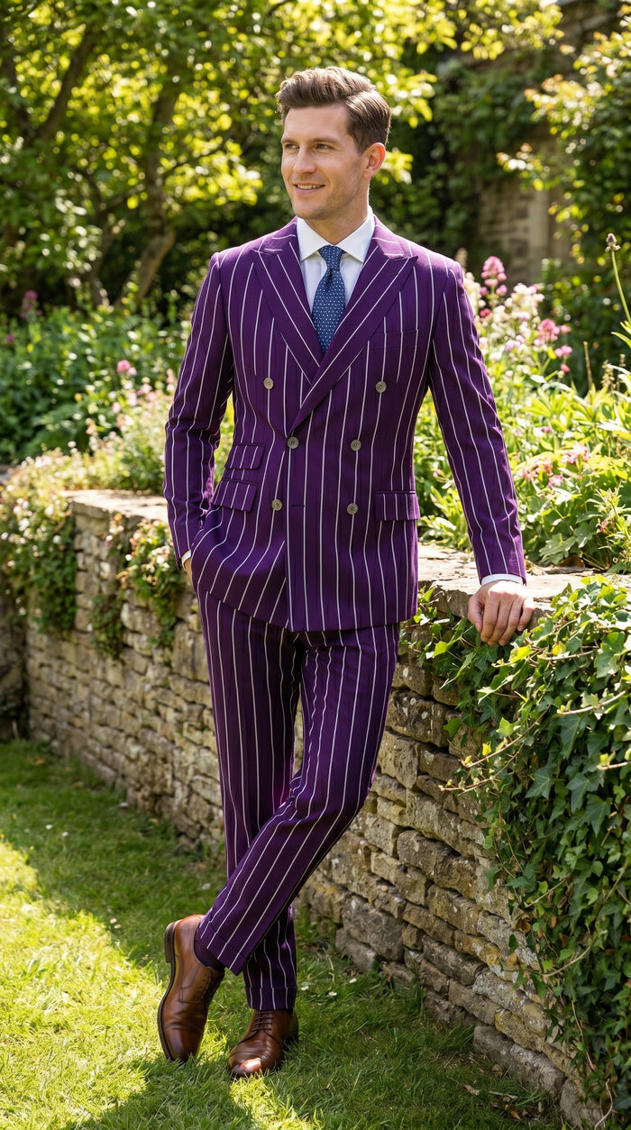 Men’s Dark Purple Pinstripe Double Breasted 1920s Gangster Suit, Vintage Formal Dress Suit