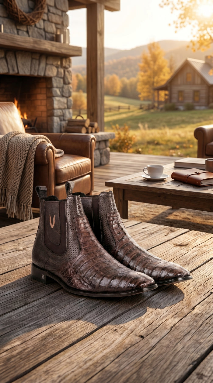 Men’s Brown Vestigium Caiman Belly Chelsea Boots, Genuine Exotic Dress Ankle Boots