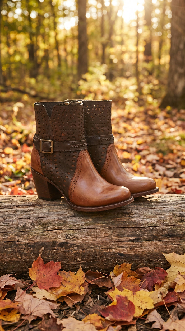 Women’s Brown Leather Short Boots with Oval Toe, Buckle Strap Fashion Ankle Boots