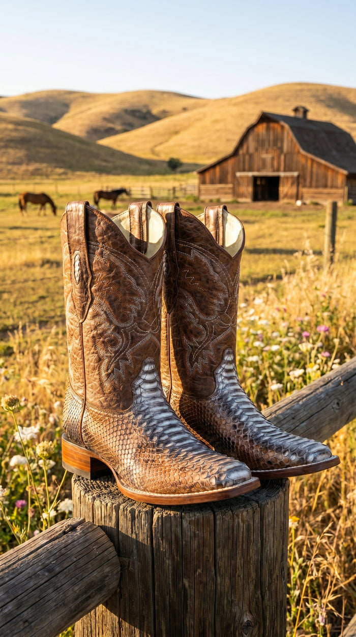 Men’s Brown Original Python Ranchero Cowboy Boots with Pointed Toe, Exotic Western Dress Boots