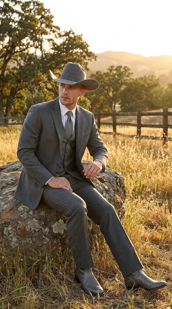 Men’s Grey 2 Button Trim Cowboy Tuxedo with Vest, Western Wedding Formal Suit