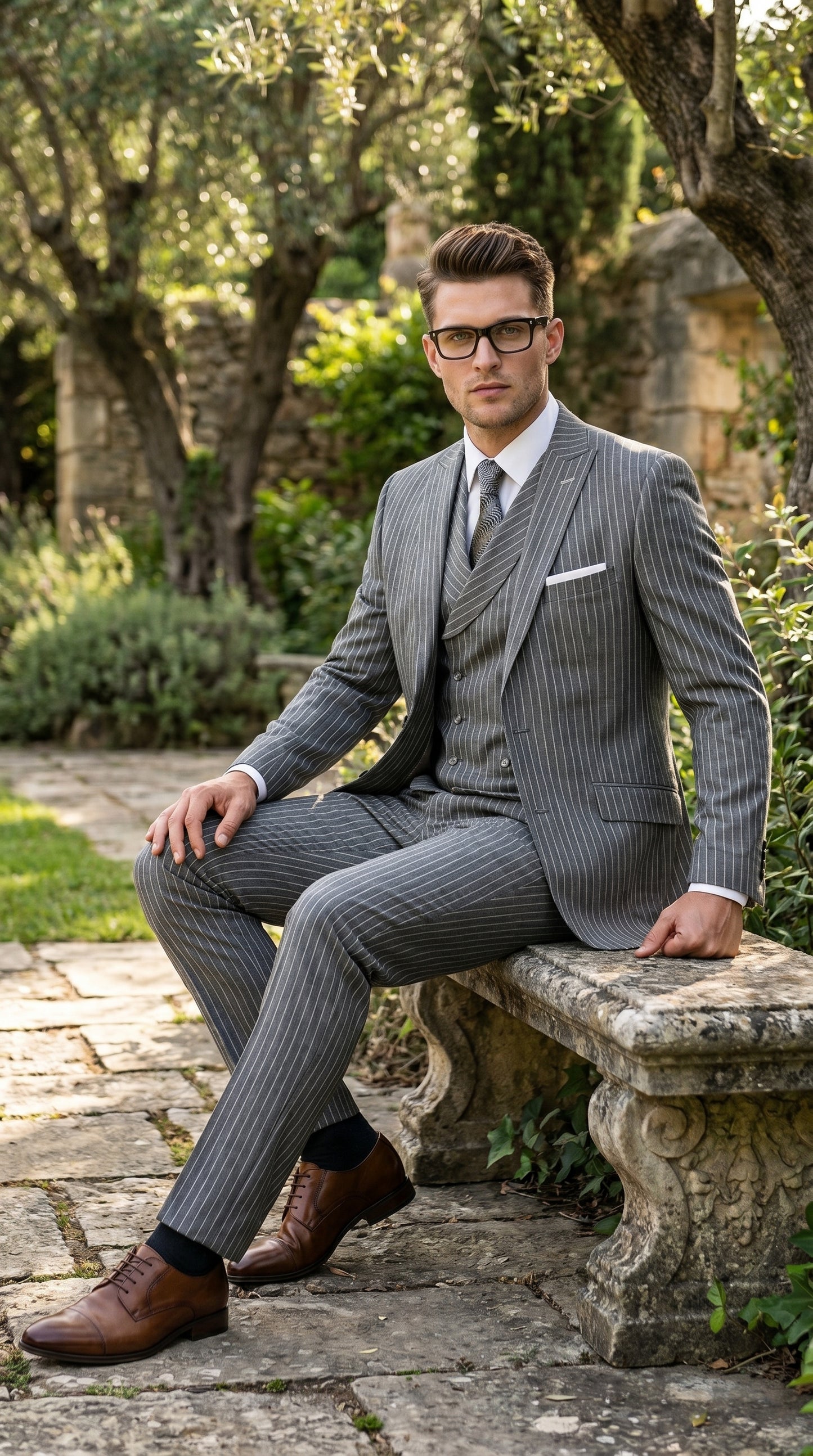 Men’s Grey Pinstripe Double Breasted Vest Suit 2 Button Gangster Style Formal Suit