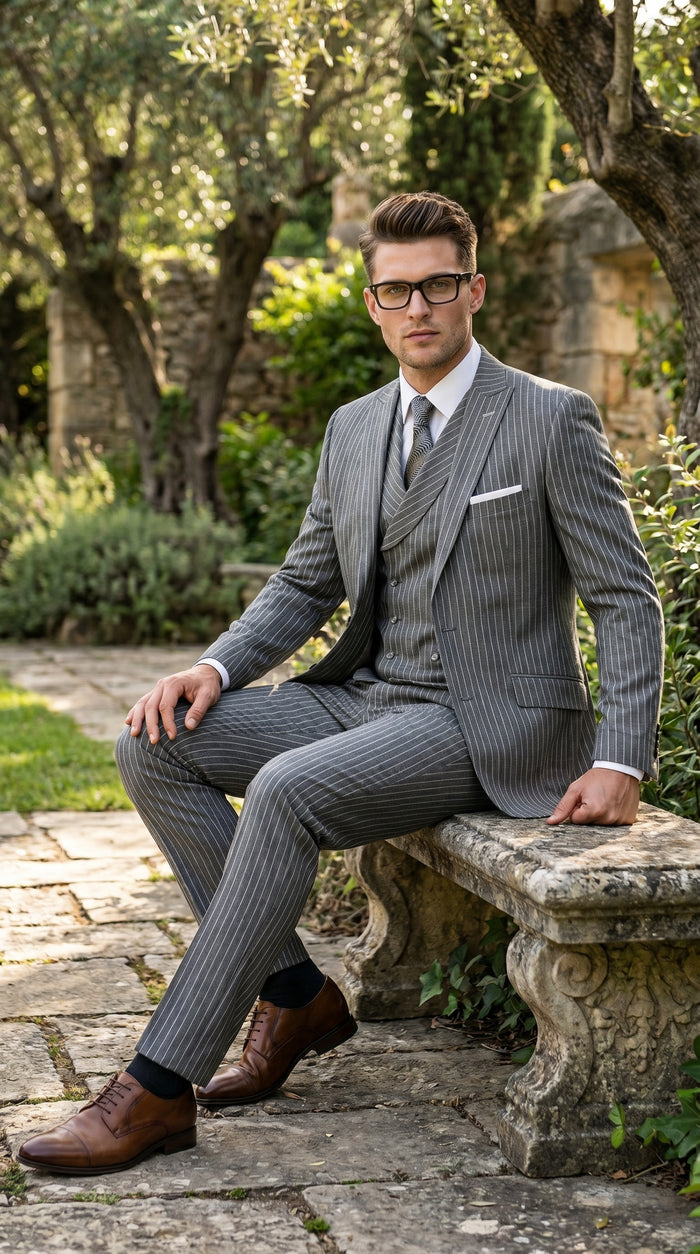 Men’s Grey Pinstripe Double Breasted Vest Suit 2 Button Gangster Style Formal Suit