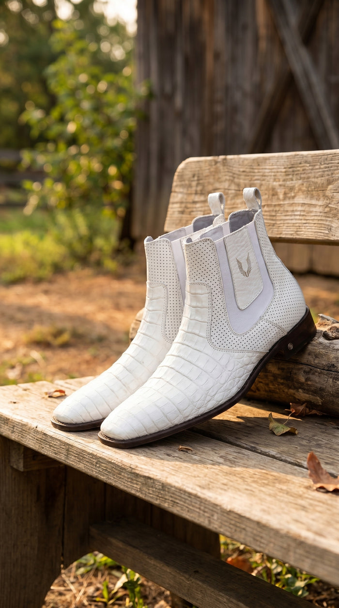Men's Handmade White Vestigium Boots Genuine Caiman Belly Chelsea Boots