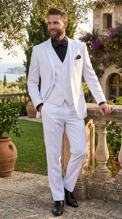 Men’s White Disco Suit with Jacket, Vest and Pants, Saturday Night Style Formal Party Suit