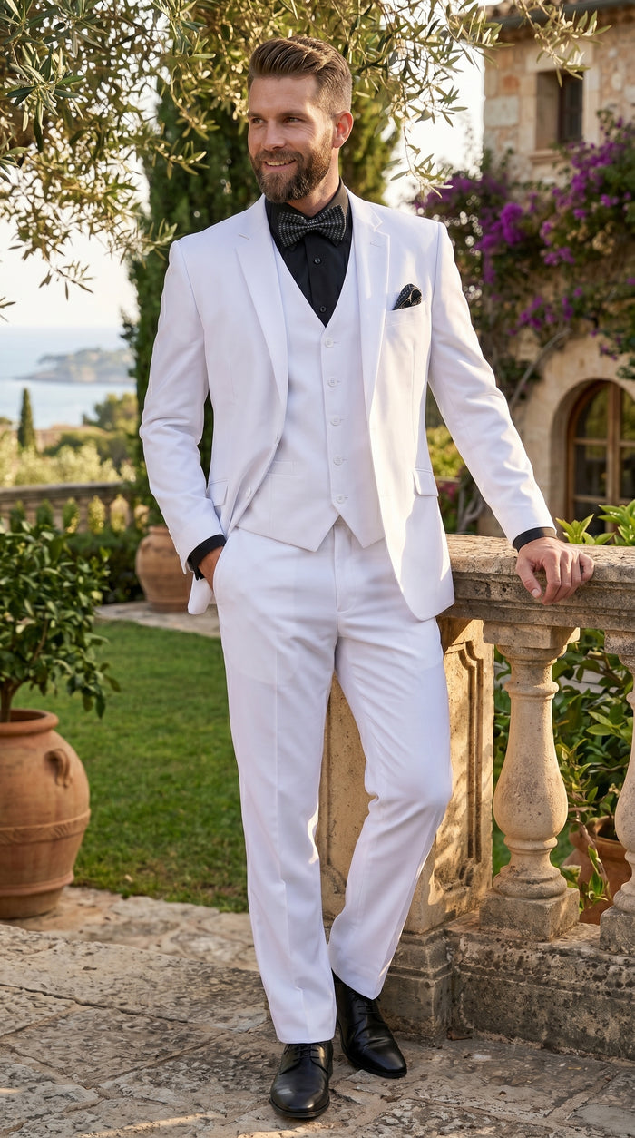 Men’s White Disco Suit with Jacket, Vest and Pants, Saturday Night Style Formal Party Suit