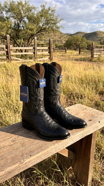 Men’s Black Ostrich Leg Cowboy Boots with Snip Toe, Western Dress Boots
