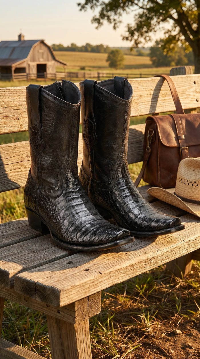 Men’s Black Caiman Skin Cowboy Boots with Western Shaft, Exotic Dress Boots