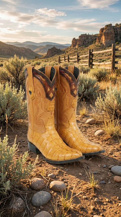 Men’s Yellow Gold Caiman Tail Skin 3X Toe Cowboy Boots – Wild West Western Boots 29501-A