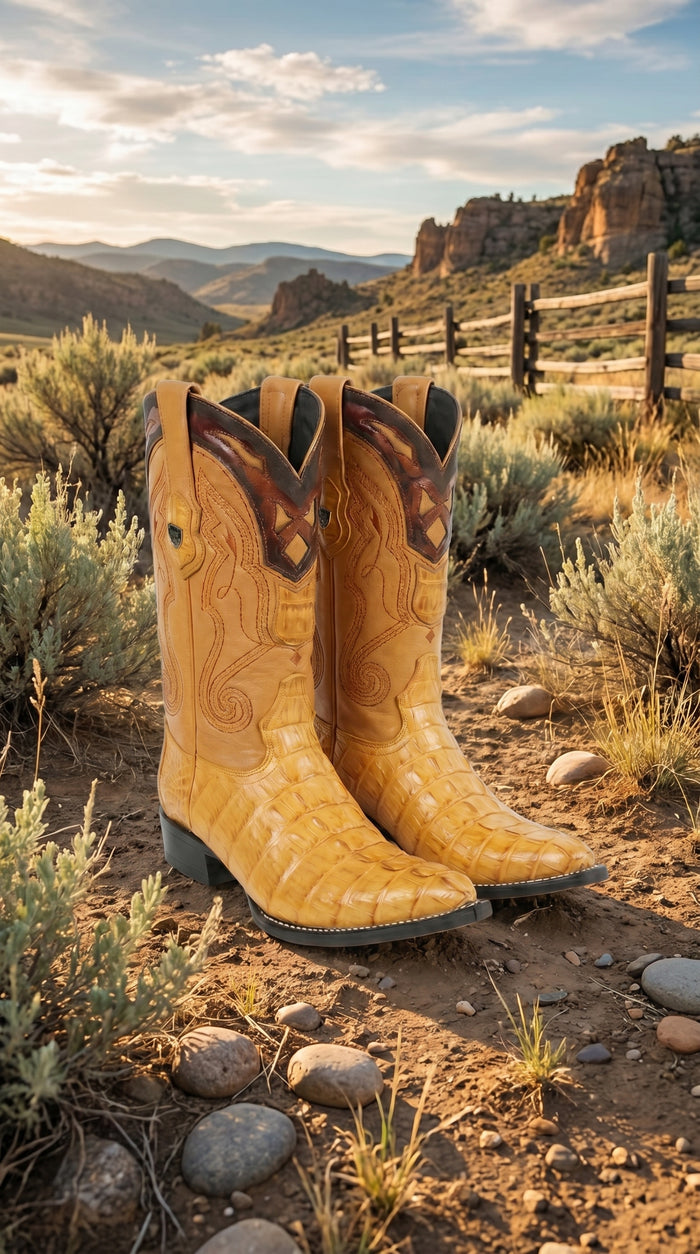 Men’s Yellow Gold Caiman Tail Skin 3X Toe Cowboy Boots – Wild West Western Boots 29501-A