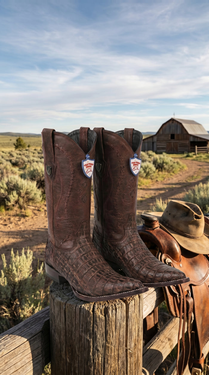 Men’s Wild West Brown Caiman Belly Skin 3X Toe Cowboy Boots, Exotic Western Dress Boots 29582-B