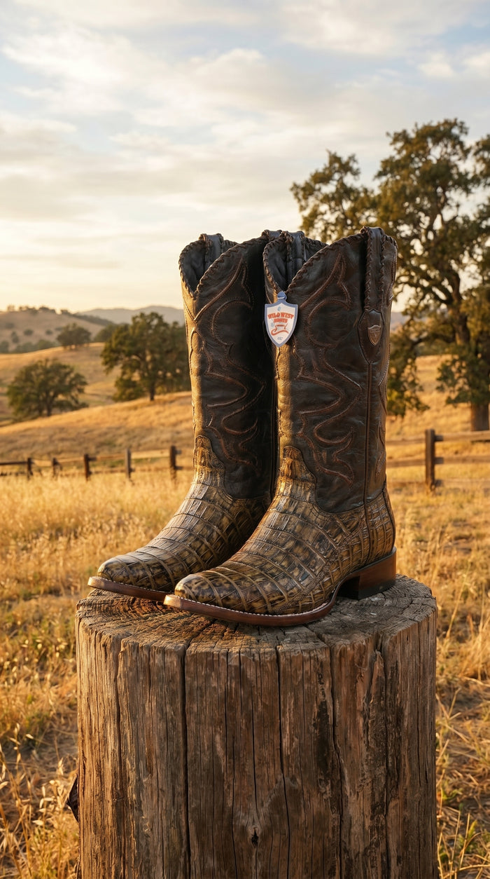 Men’s Wild West Brown Caiman Belly Skin 3X Toe Cowboy Boots, Exotic Western Dress Boots 29582-B