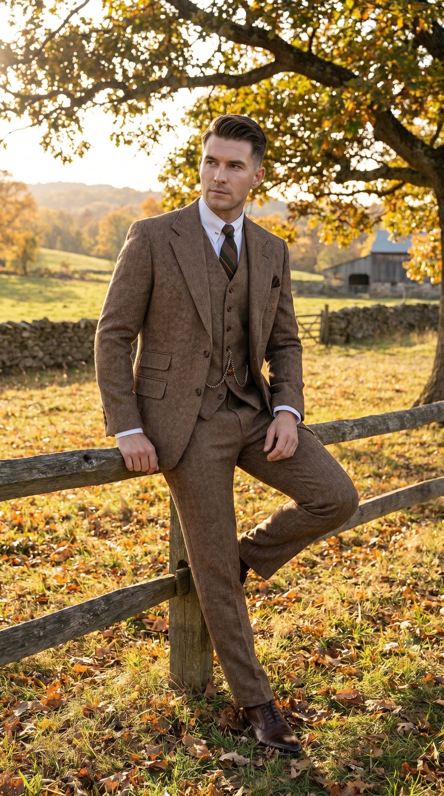 Men’s Light Brown Great Gatsby Inspired Tweed Herringbone Vested Suit, Vintage Formal Wedding Suit
