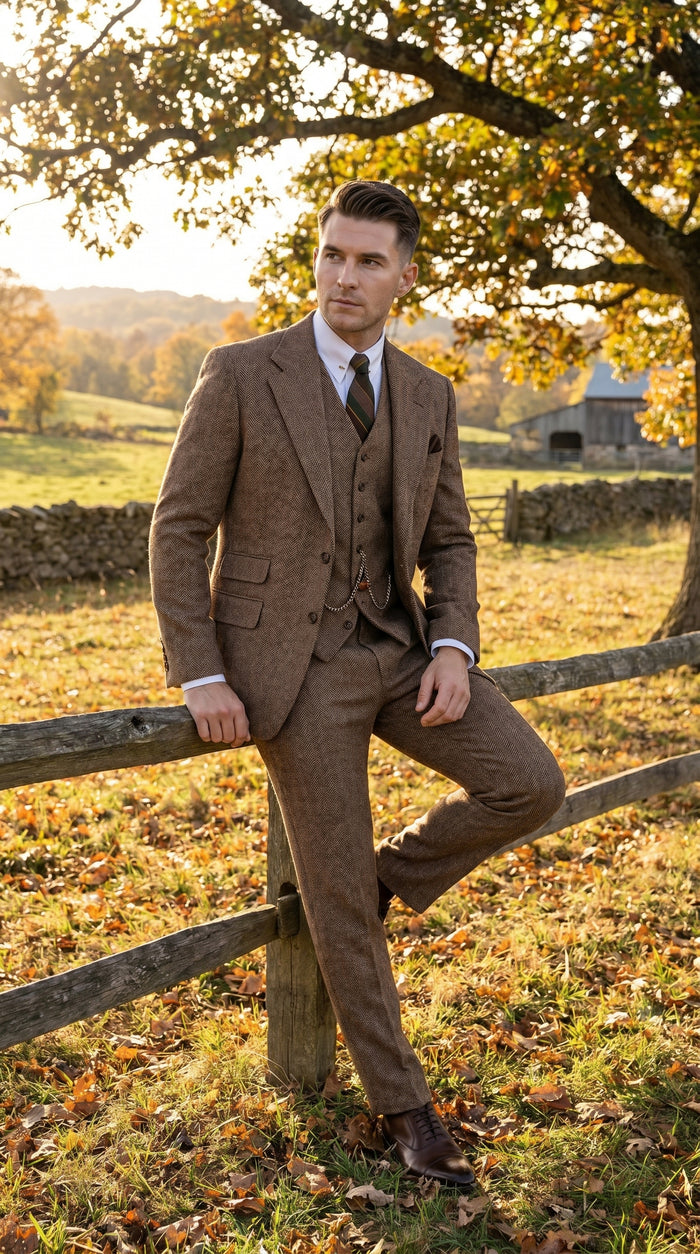 Men’s Light Brown Great Gatsby Inspired Tweed Herringbone Vested Suit, Vintage Formal Wedding Suit