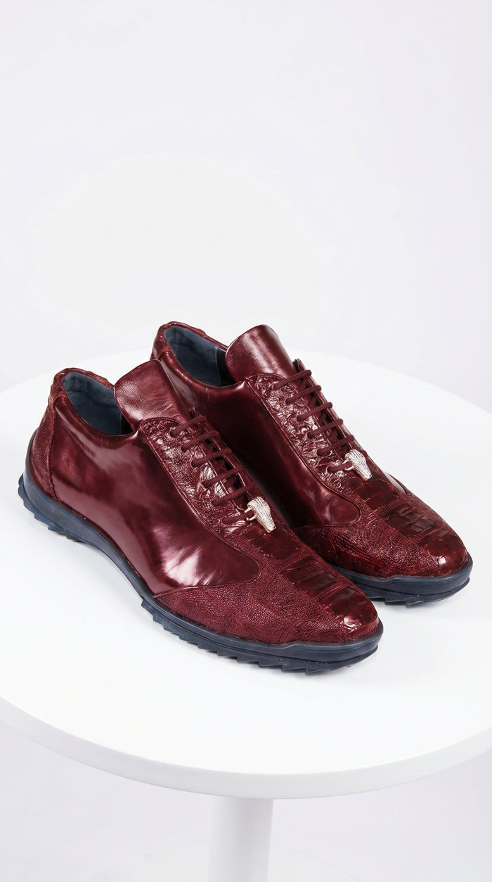 Men’s Wine Ostrich Leg Leather Sneakers with Lace Up Front, Exotic Casual Dress Shoes