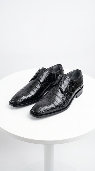 Men’s Los Altos Black Crocodile Dress Shoes with Italian Toe, Exotic Formal Lace Up Shoes
