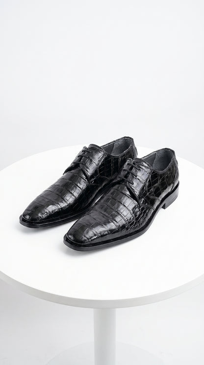 Men’s Los Altos Black Crocodile Dress Shoes with Italian Toe, Exotic Formal Lace Up Shoes