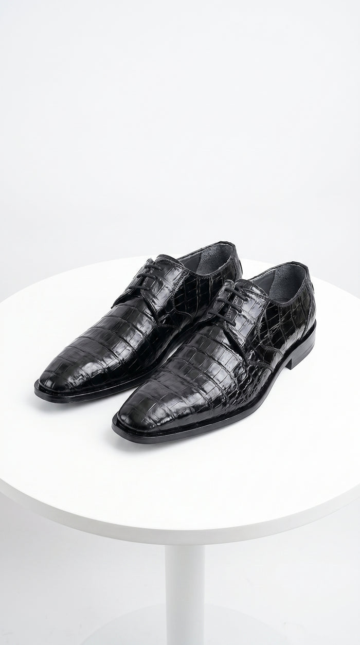 Men’s Los Altos Black Crocodile Dress Shoes with Italian Toe, Exotic Formal Lace Up Shoes