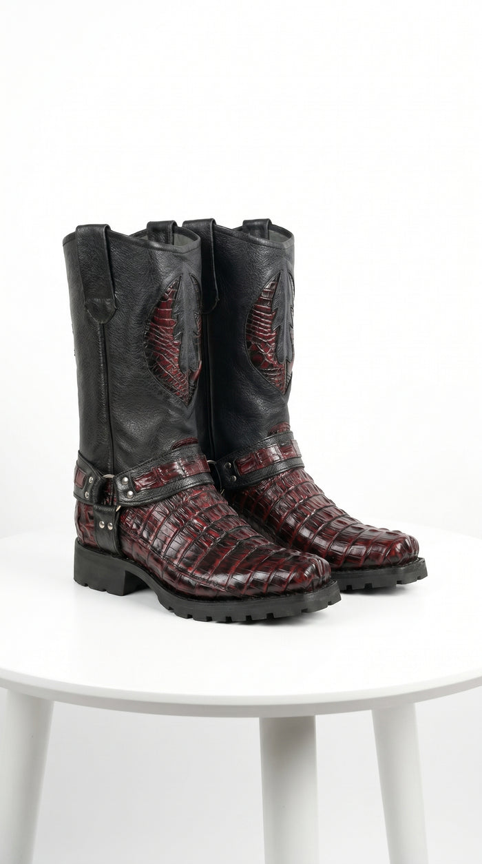 Men’s Los Altos Black and Burgundy Caiman Tail Skin Biker Boots, Exotic Western Motorcycle Boots