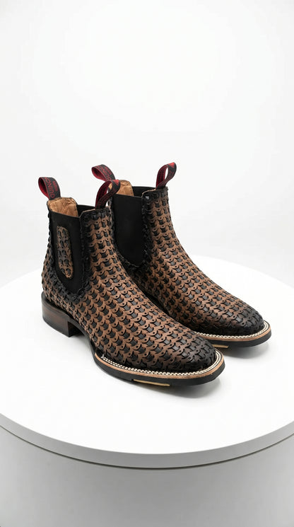 Men’s Petatillo Square Toe Boots in Brown and Black, Western Ankle Cowboy Boots
