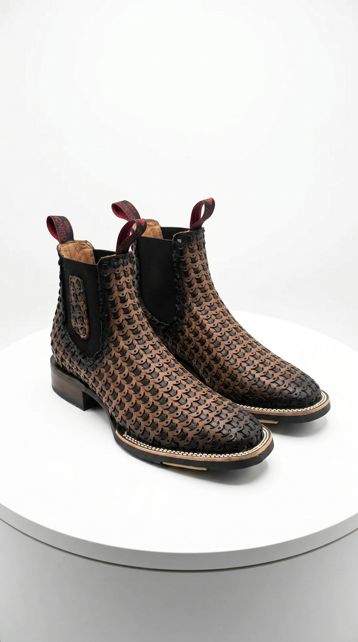 Men’s Petatillo Square Toe Boots in Brown and Black, Western Ankle Cowboy Boots