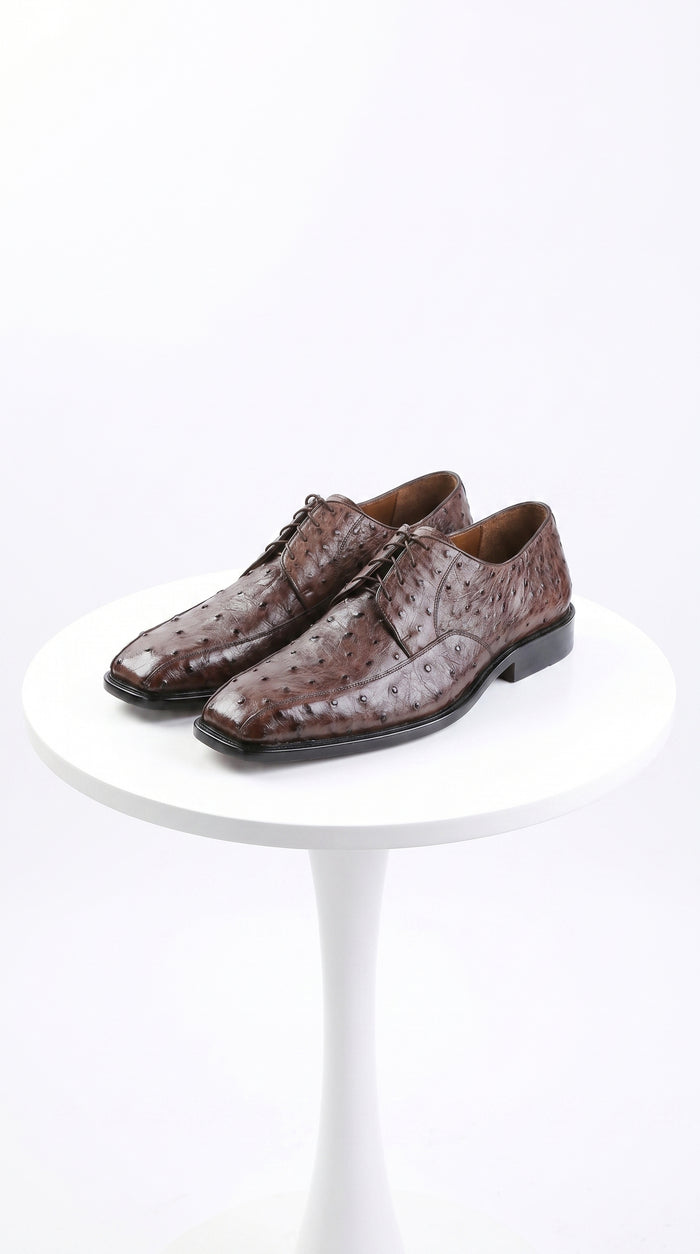Men’s Los Altos Brown Full Quill Ostrich Dress Shoes with Bicycle Toe and Lace Up Front