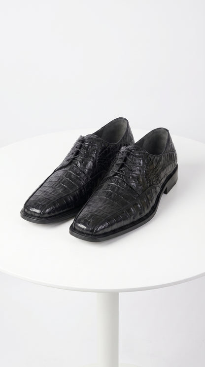 Men’s Los Altos Black Crocodile Bike Toe Dress Shoes, Exotic Formal Lace Up Shoes