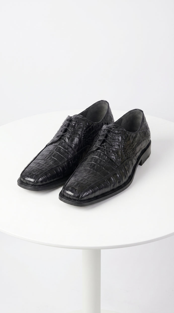 Men’s Los Altos Black Crocodile Bike Toe Dress Shoes, Exotic Formal Lace Up Shoes