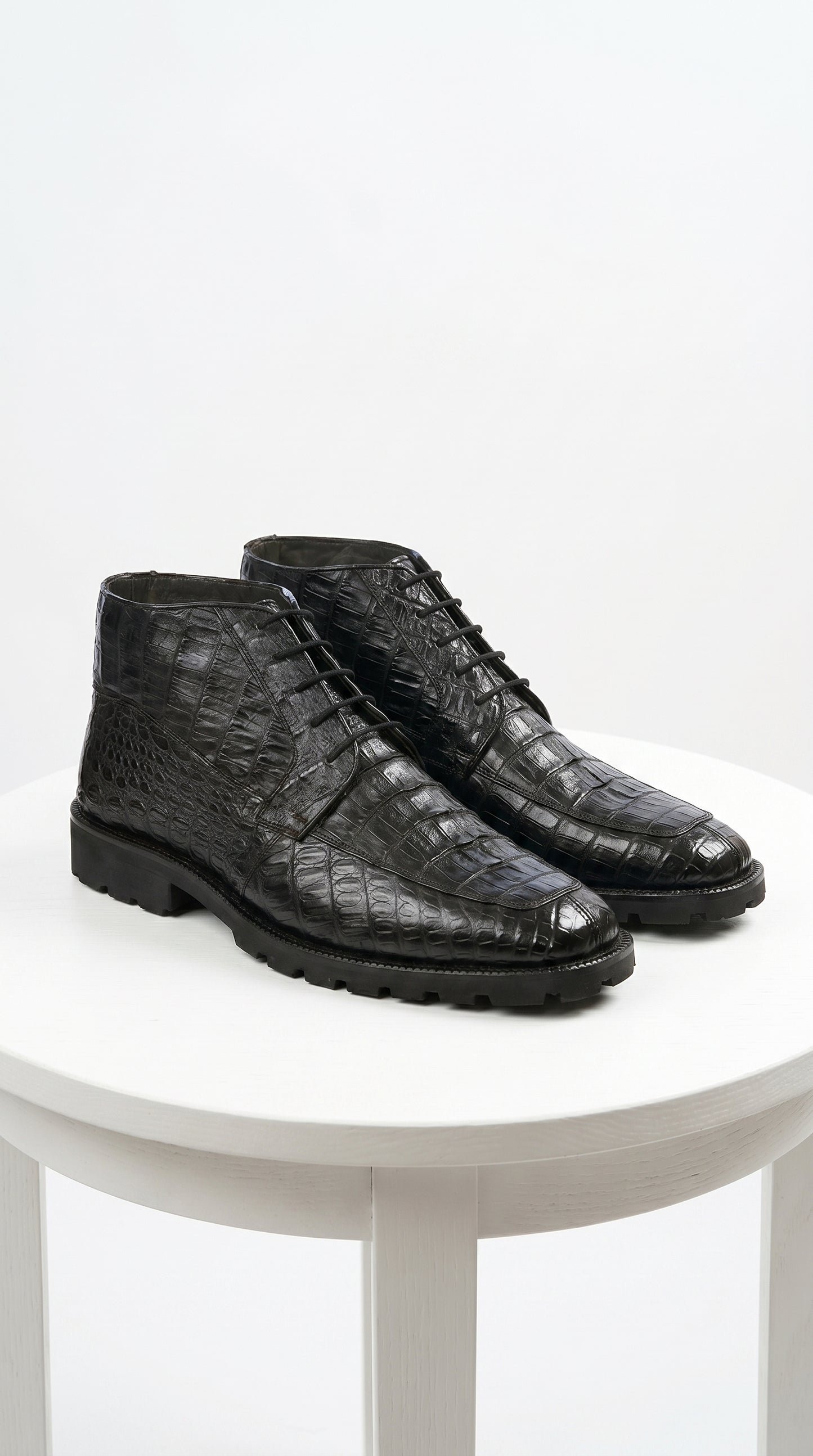 Men’s Los Altos Black Genuine Caiman Crocodile Hornback Ankle Boots, Exotic Lace Up Western Boots
