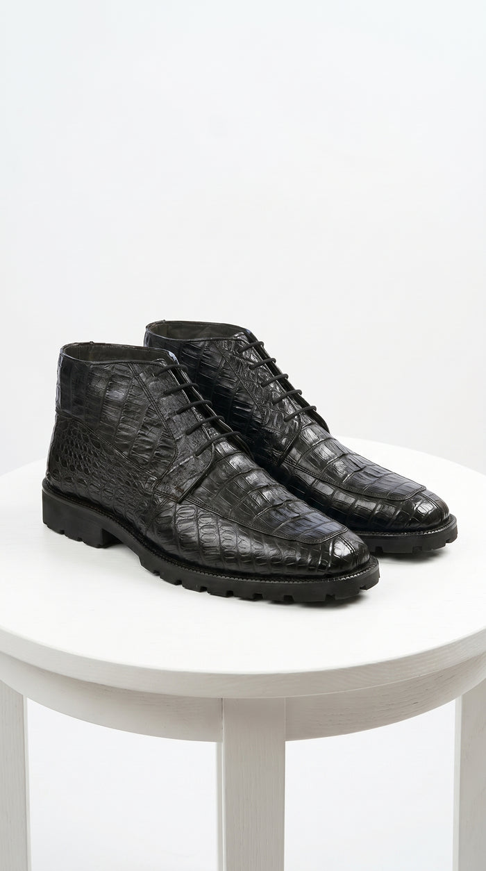 Men’s Los Altos Black Genuine Caiman Crocodile Hornback Ankle Boots, Exotic Lace Up Western Boots