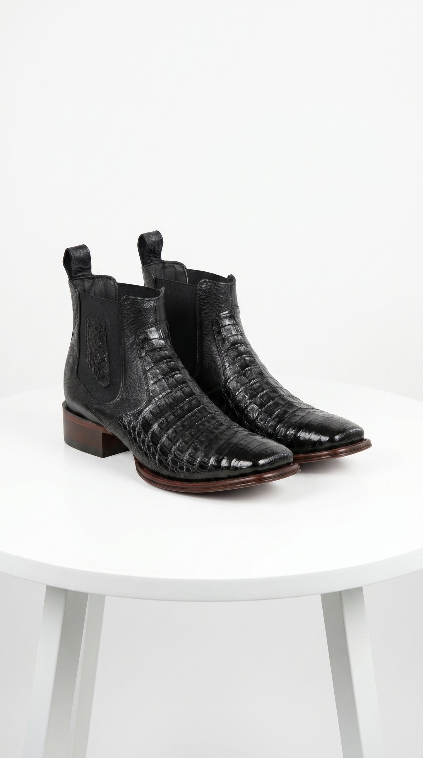 Men’s Los Altos Black Caiman Belly Short Boots with Wide Square Toe, Exotic Western Ankle Boots