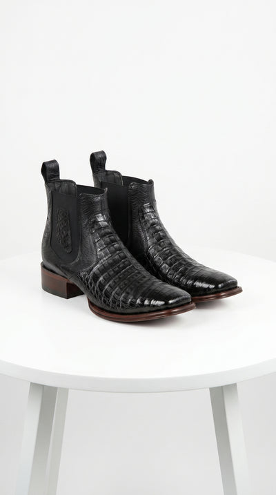 Men’s Los Altos Black Caiman Belly Short Boots with Wide Square Toe, Exotic Western Ankle Boots