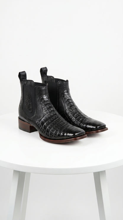 Men’s Los Altos Black Caiman Belly Short Boots with Wide Square Toe, Exotic Western Ankle Boots