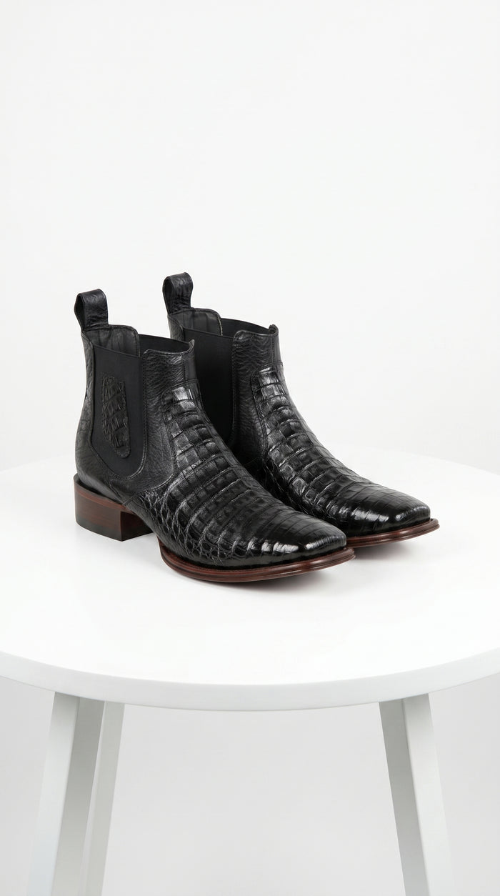 Men’s Los Altos Black Caiman Belly Short Boots with Wide Square Toe, Exotic Western Ankle Boots