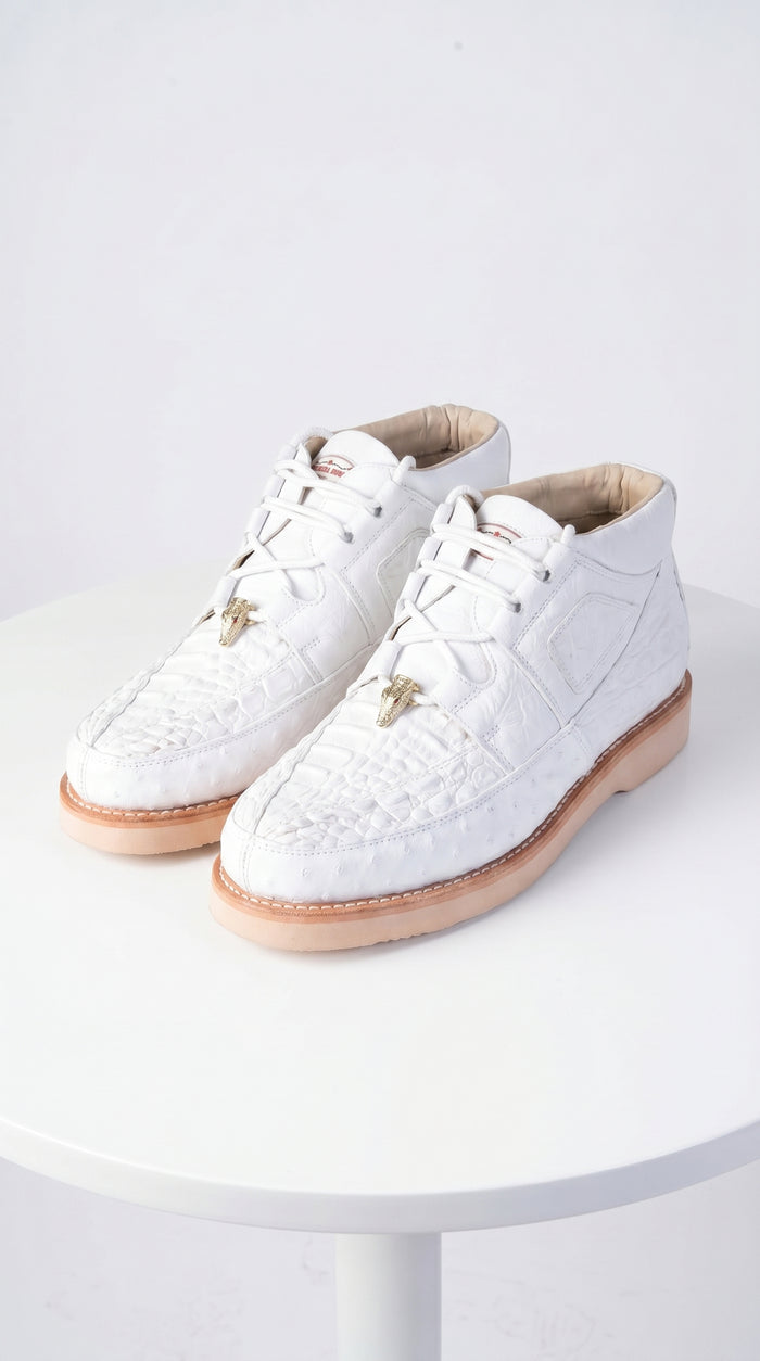 Men’s Los Altos White Caiman and Ostrich Skin Casual Sneakers, Exotic Lace Up Dress Shoes