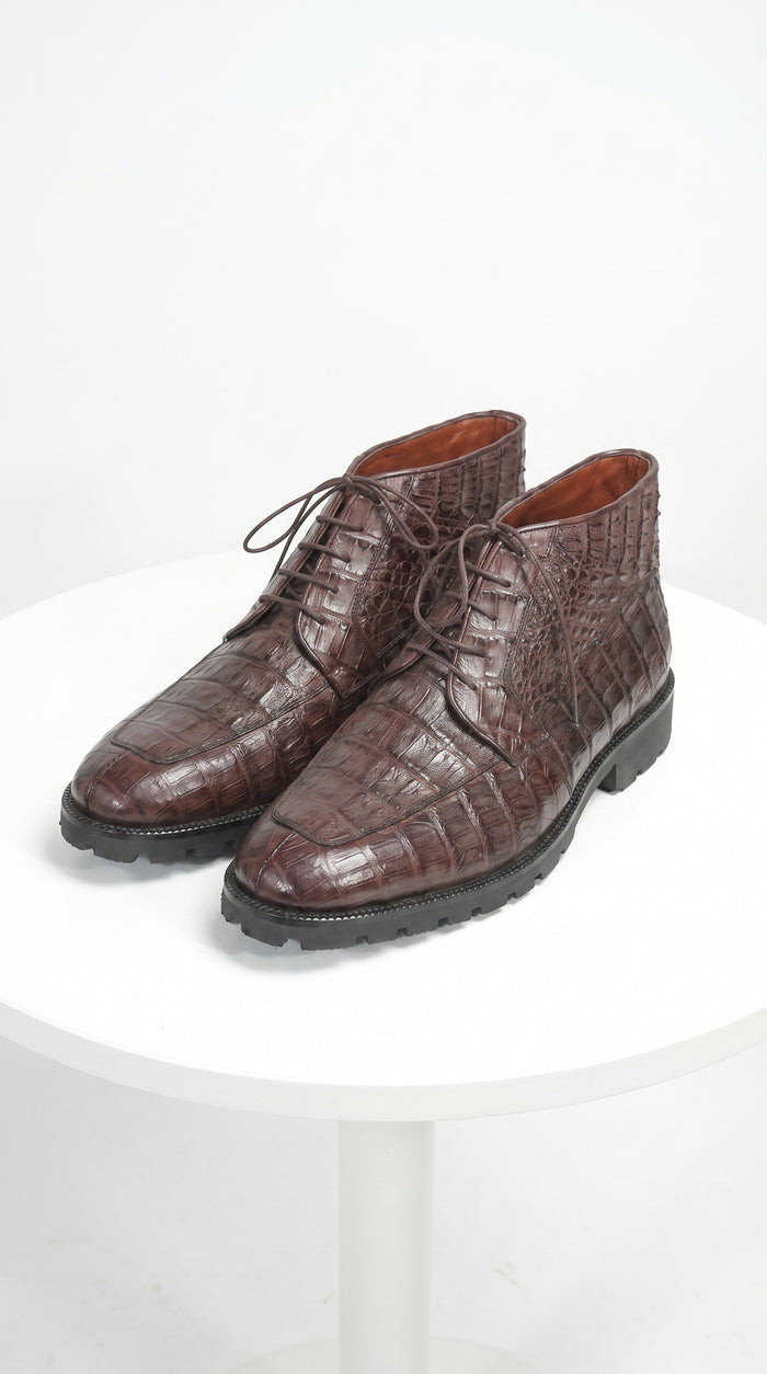 Men’s Los Altos Brown Genuine Caiman Crocodile Belly Ankle Boots, Exotic Lace Up Western Boots