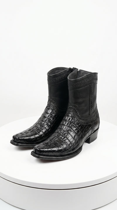 Men’s Los Altos Black Caiman Tail Short Cowboy Boots, Western Dress Boots
