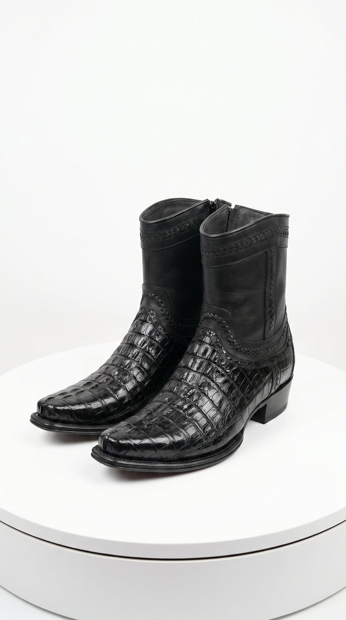 Men’s Los Altos Black Caiman Tail Short Cowboy Boots, Western Dress Boots