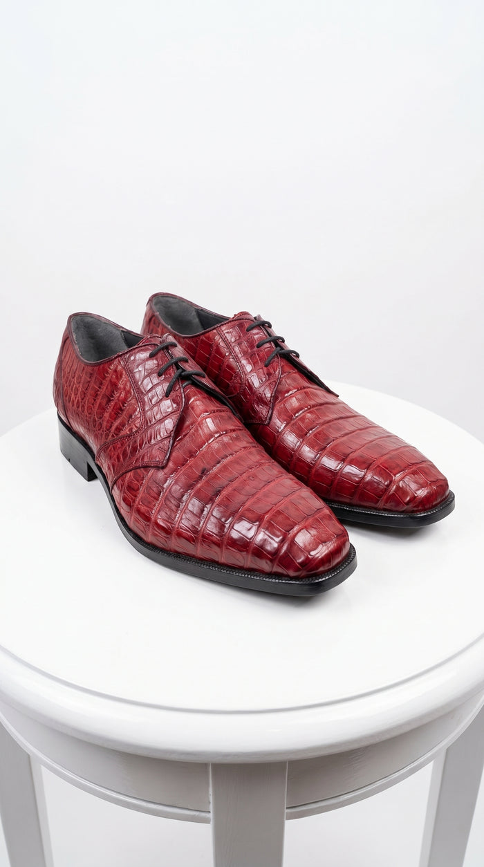 Men’s Los Altos Wine Burgundy Crocodile Lace Up Dress Shoes, Exotic Formal Wedding Shoes