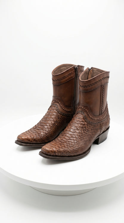 Men’s Los Altos Porto Brown Python Skin Short Boots with European Toe, Exotic Western Dress Boots