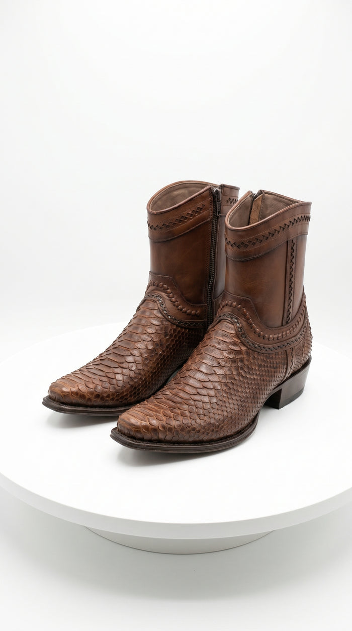 Men’s Los Altos Porto Brown Python Skin Short Boots with European Toe, Exotic Western Dress Boots