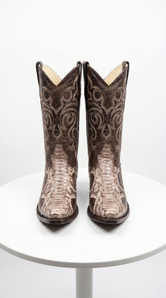 Men’s Los Altos Brown Rustic Python Snip Toe Cowboy Boots, Western Dress Boots