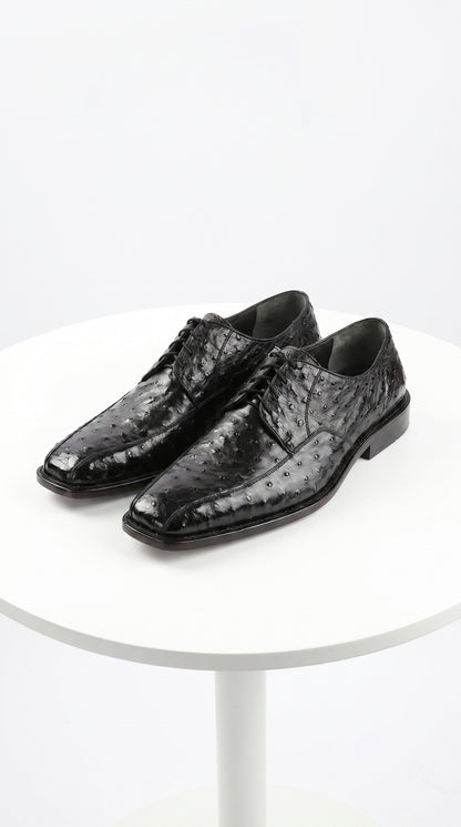 Men’s Los Altos Black Full Quill Ostrich Lace Up Dress Shoes with Bicycle Toe