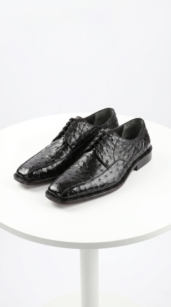 Men’s Los Altos Black Full Quill Ostrich Lace Up Dress Shoes with Bicycle Toe