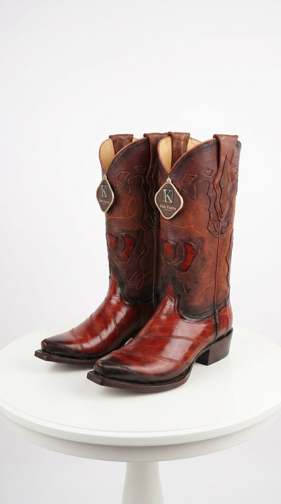 Men’s King Exotic Burgundy Eel Western Snip Toe Cowboy Boots, Dress Western Boots