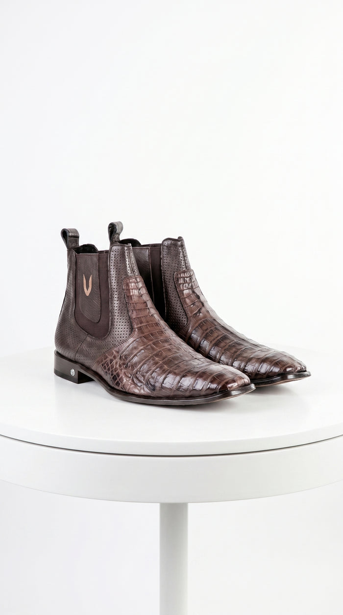 Men’s Brown Vestigium Caiman Belly Chelsea Boots, Genuine Exotic Dress Ankle Boots